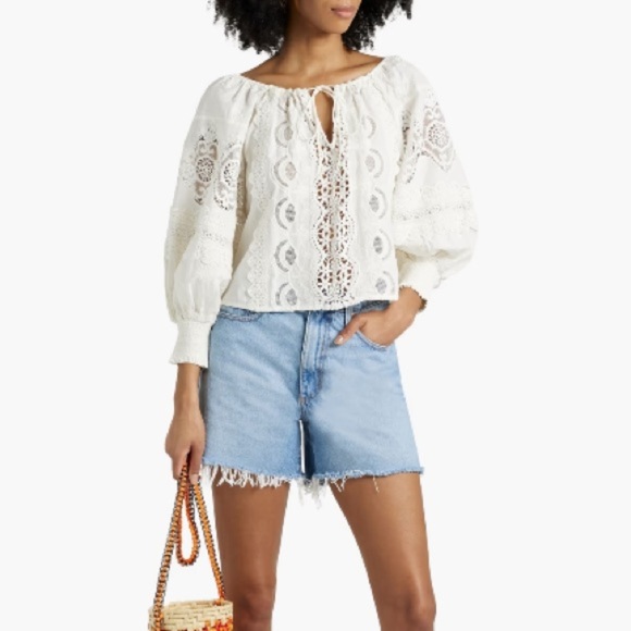 Alice + Olivia Tops - K1. ALICE + OLIVIA Alta Guipure Lace-paneled Cotton Blouse Summer Ivory